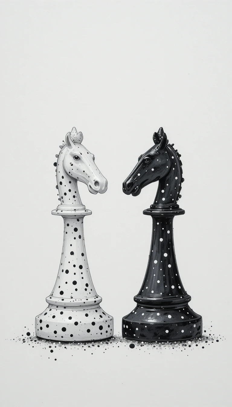 Minimal black and white watercolor chess knights illustration