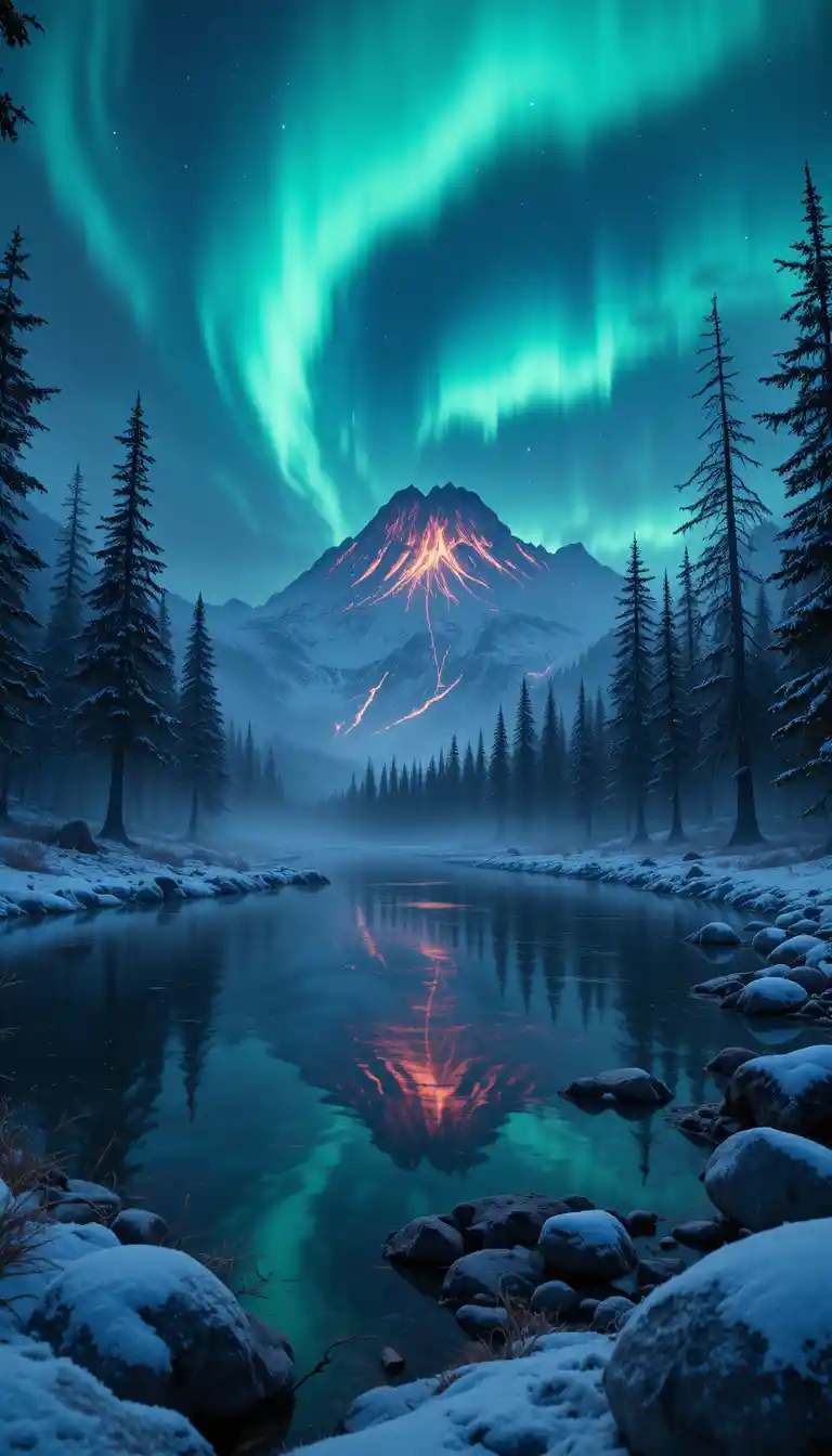 Aurora over frozen lake and snow covered mountain landscape