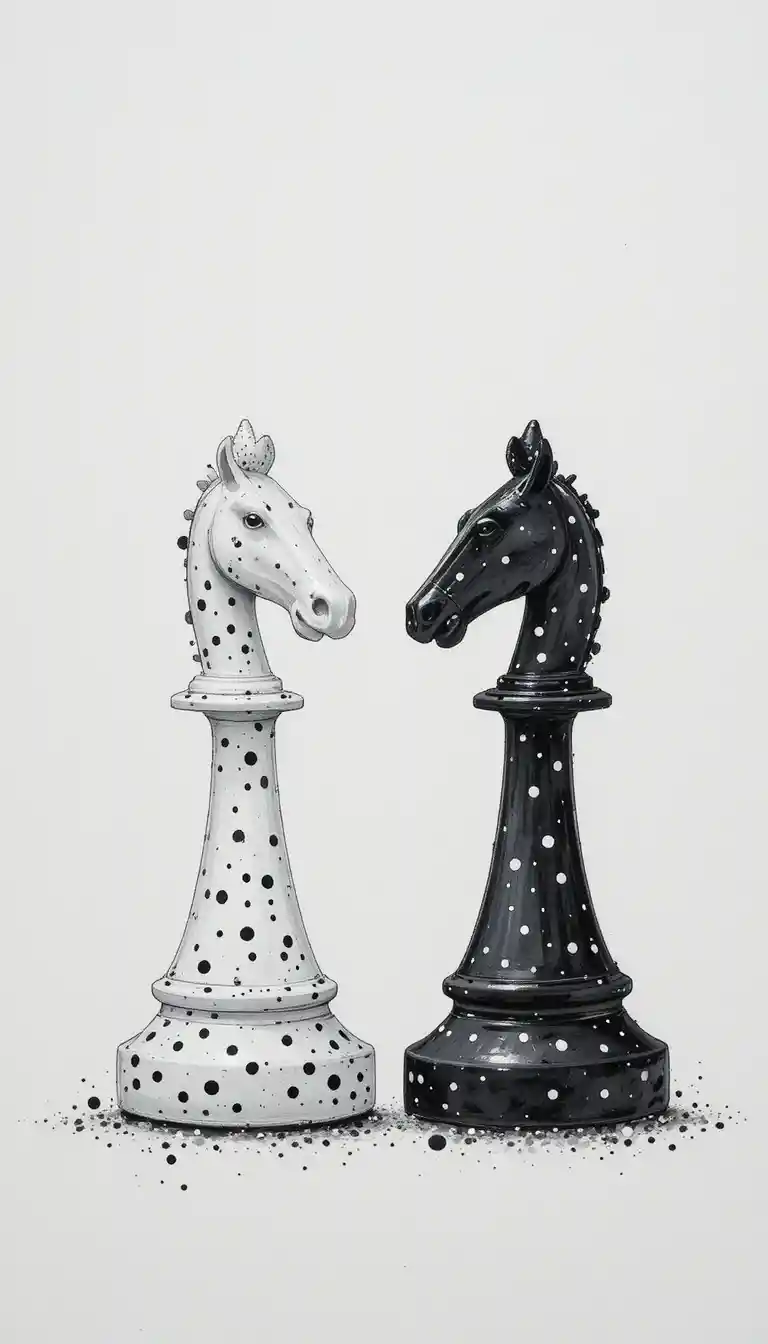 Ilustración minimalista en acuarela en blanco y negro de caballos de ajedrez