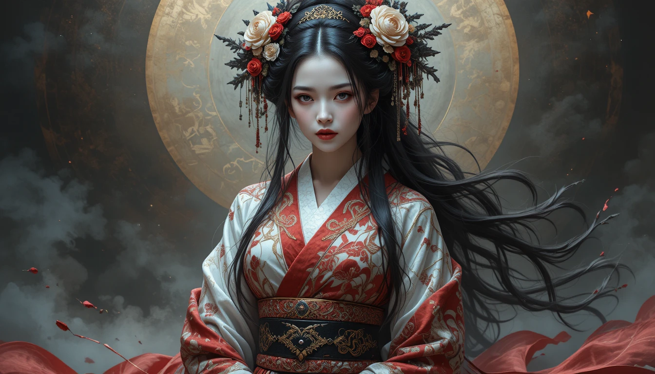 Mystical geisha in a fantasy style red and black kimono