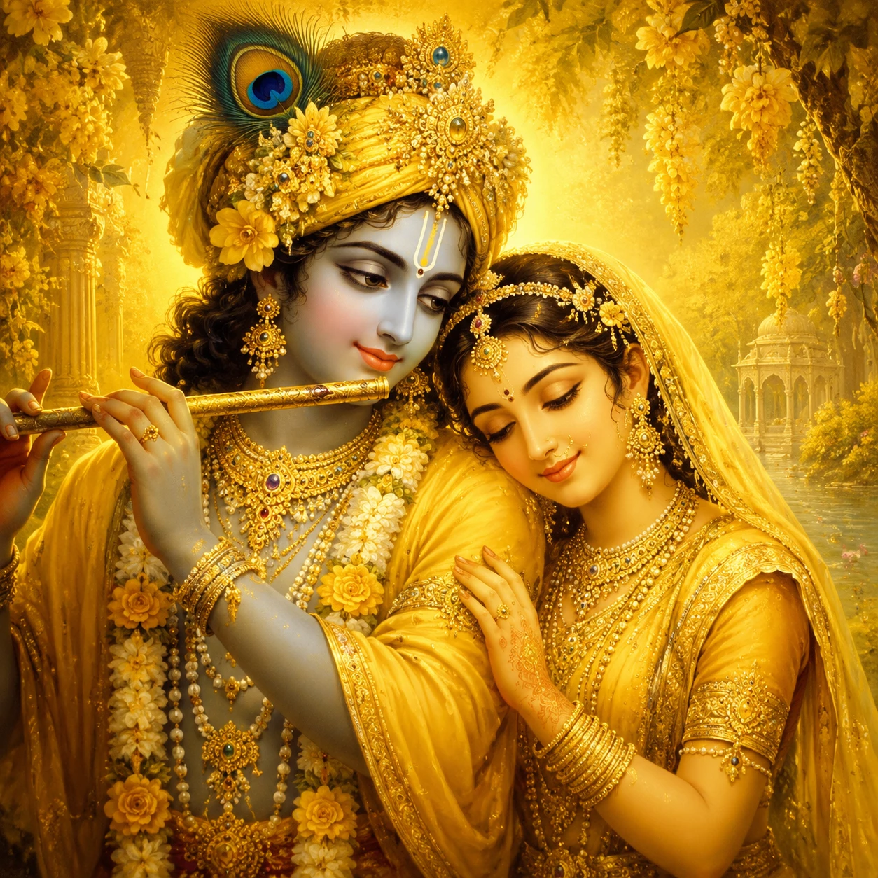 Devotional digital painting of Radha and Krishna in warm hues