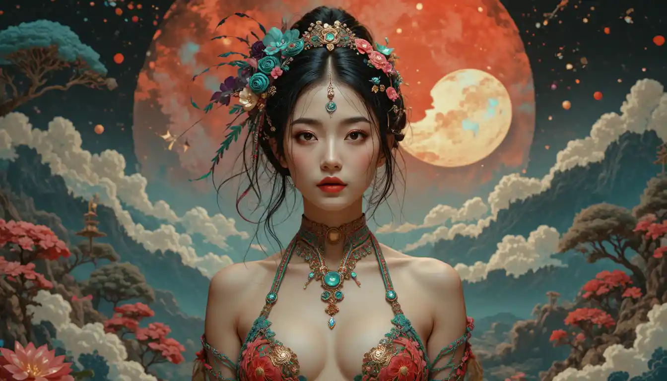 Surreal woman in silk body cords before living ukiyo e scroll