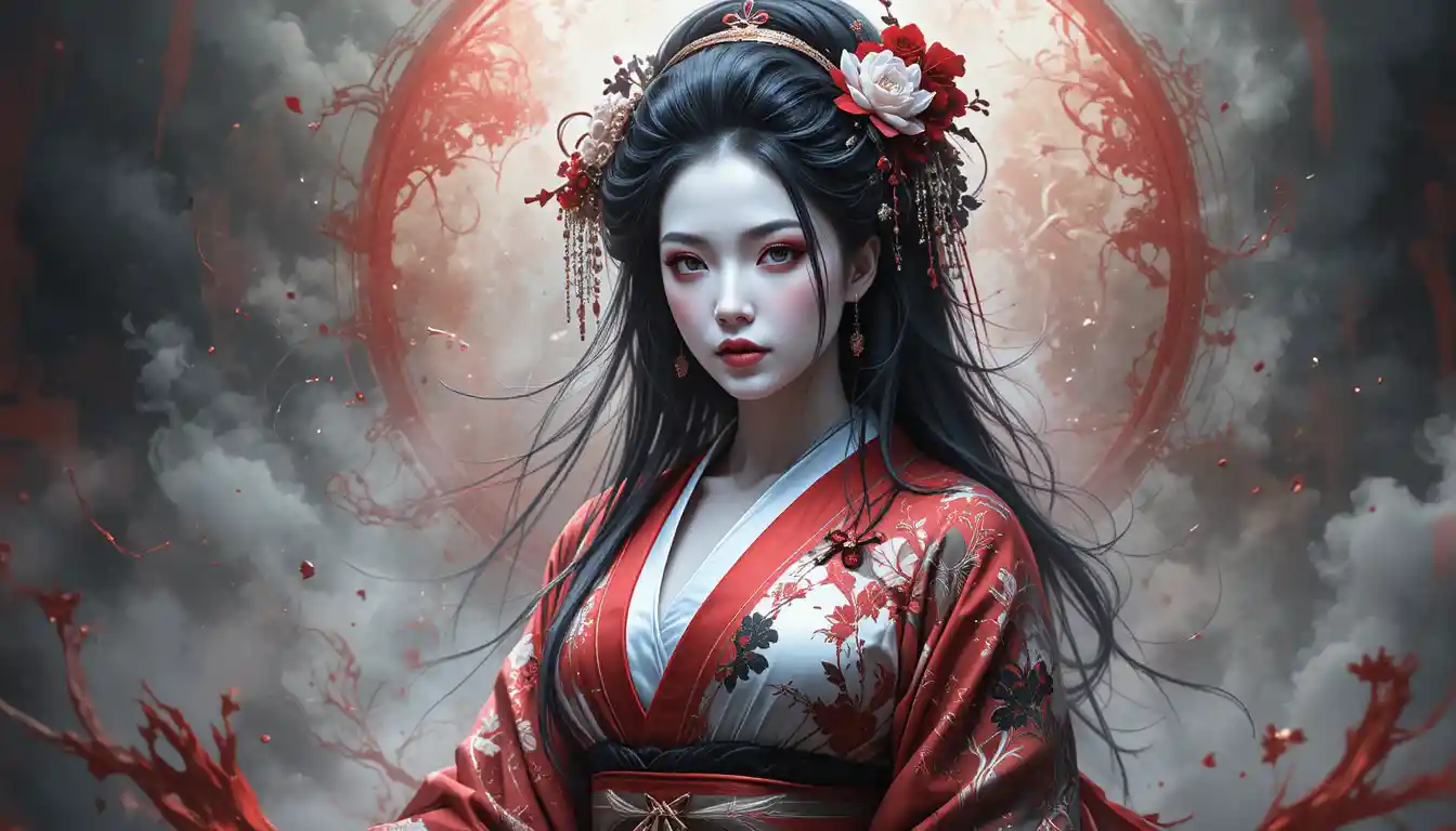 Mystical geisha in a luxurious red and black kimono