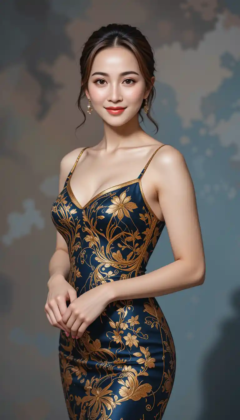 Elegant woman in gold dinner gown facing the camera