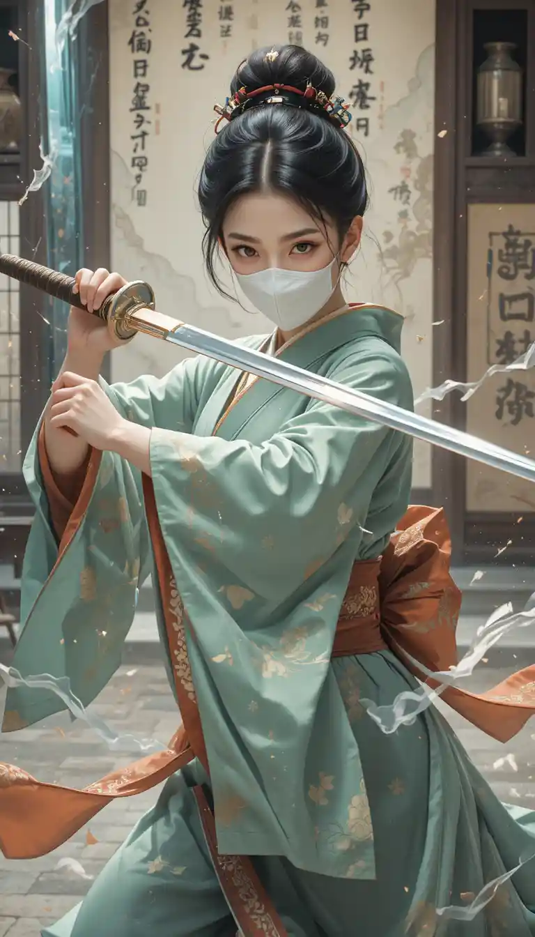 Masked kimono warrior woman striking with a shining sword