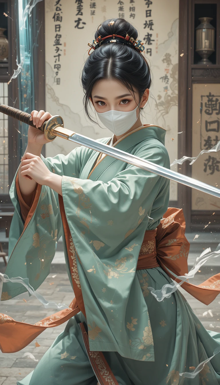 Masked kimono warrior woman striking with a shining sword
