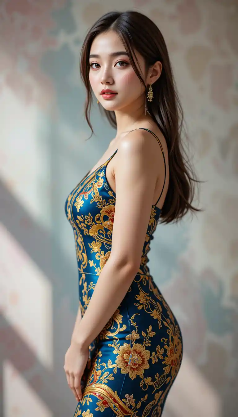 Elegant woman in gold Chinese dinner gown portrait