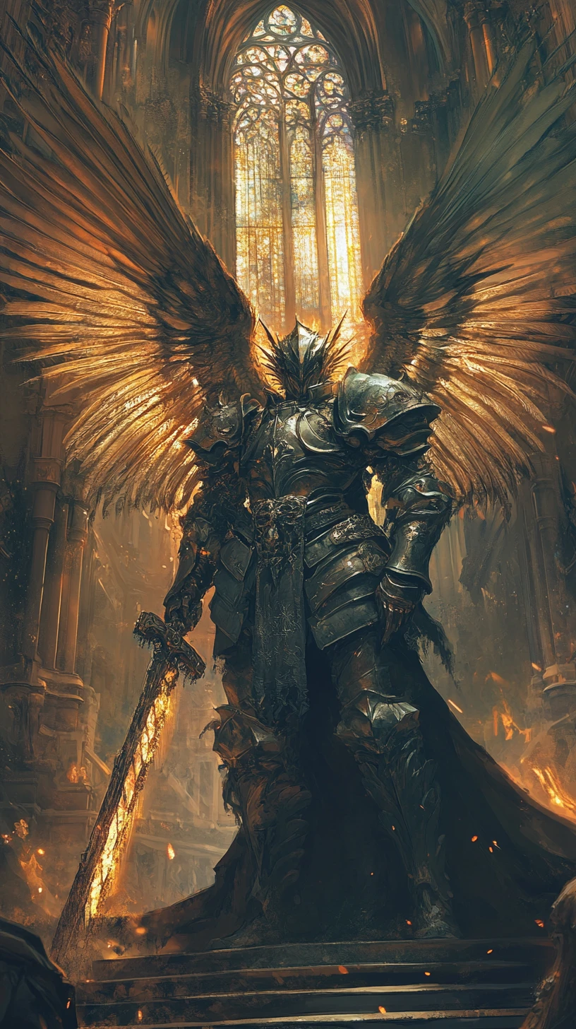Towering mecha angel before a glowing gothic cathedral