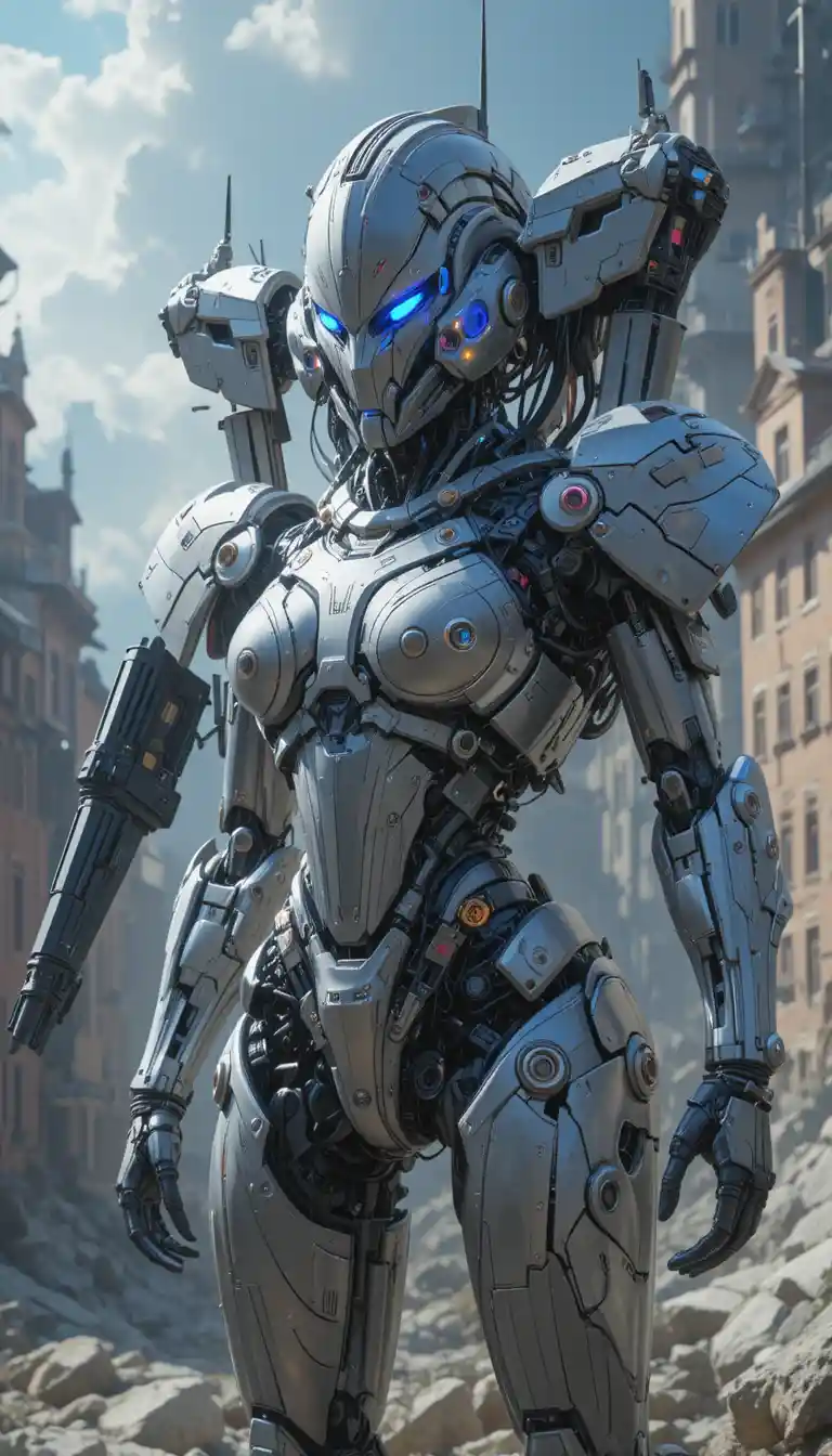 Towering steel mecha warrior in a neon sci fi battlefield