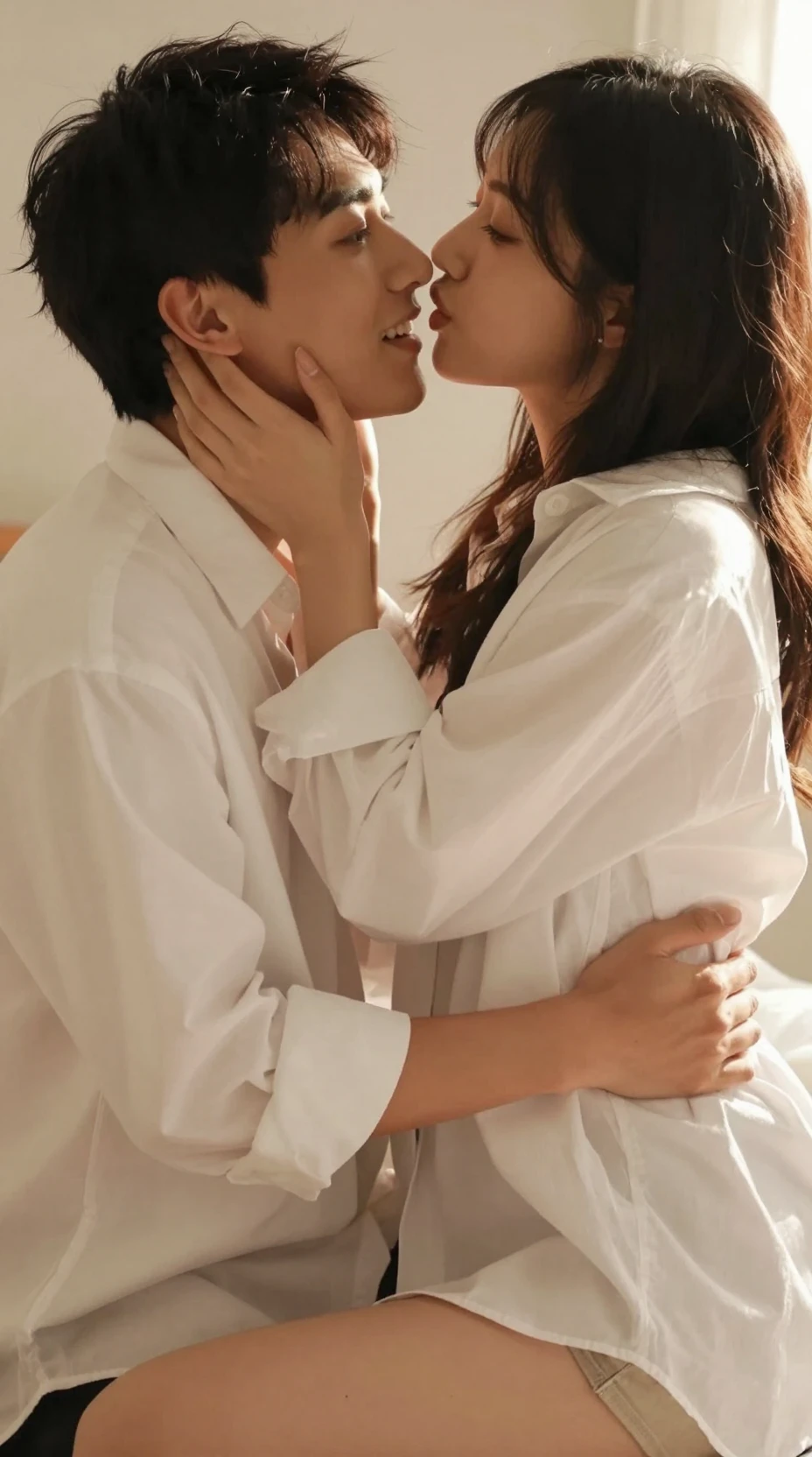 Playful Asian couple sharing an intimate sunny morning moment