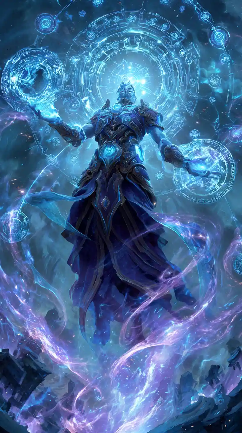 Arcane mage summoning glowing runes in swirling vortex