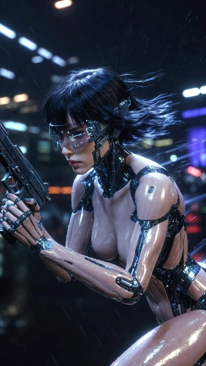 Cybernetic woman sprinting through neon lit neo Tokyo night