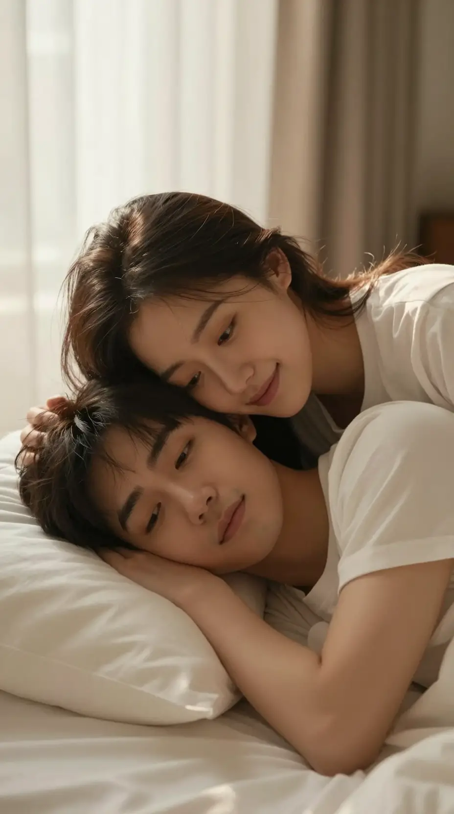 Asian couple waking together in gentle morning light