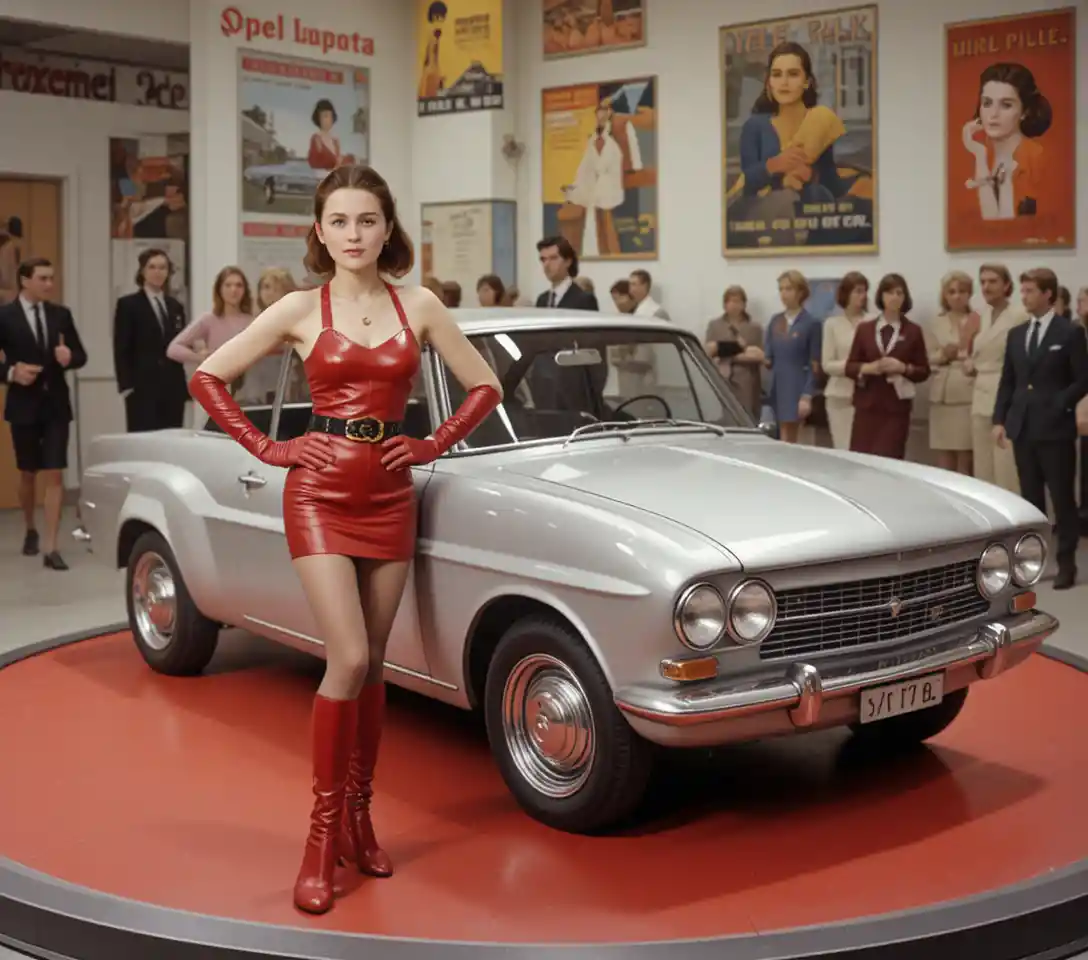Two glamorous women posing beside an open car door