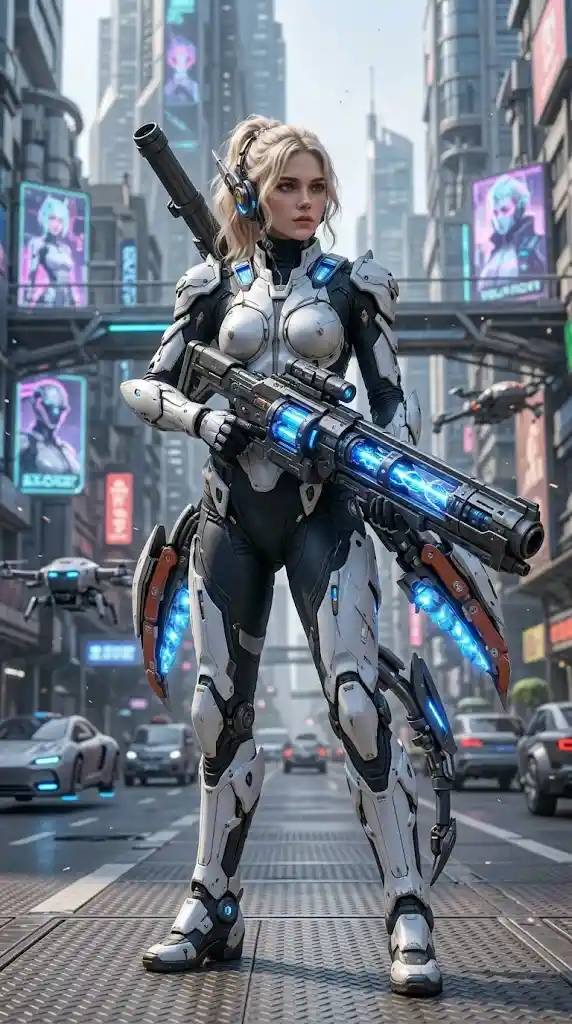 Blonde female warrior in exoskeleton armor on city street