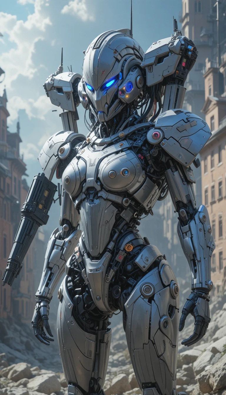 Towering steel mecha warrior in a neon sci fi battlefield