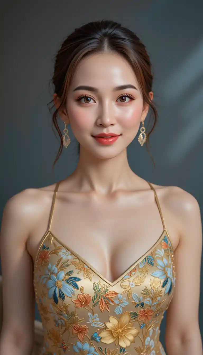 Elegant woman in Chinese dinner gown facing the camera