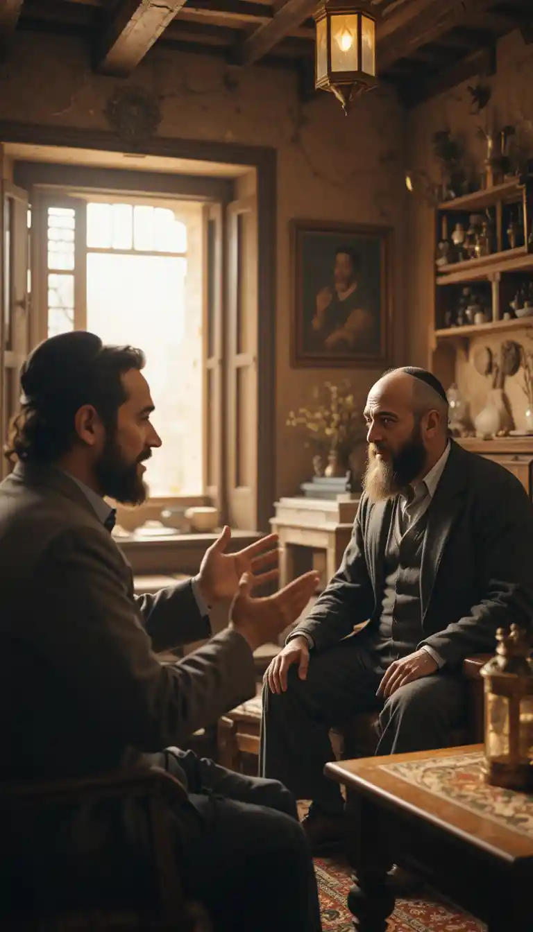 Jewish host welcoming tired Muslim guest in warm home