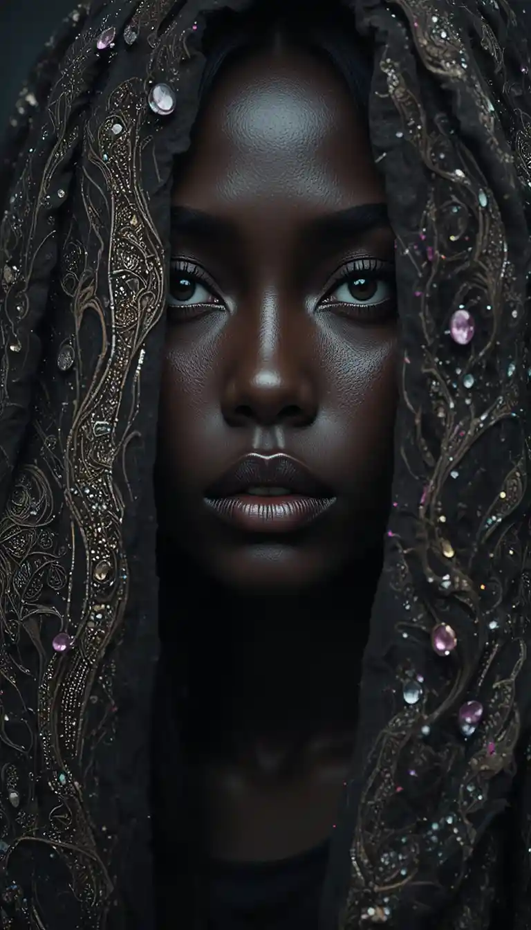 Mysterious woman with dreamy gaze and cinematic expression