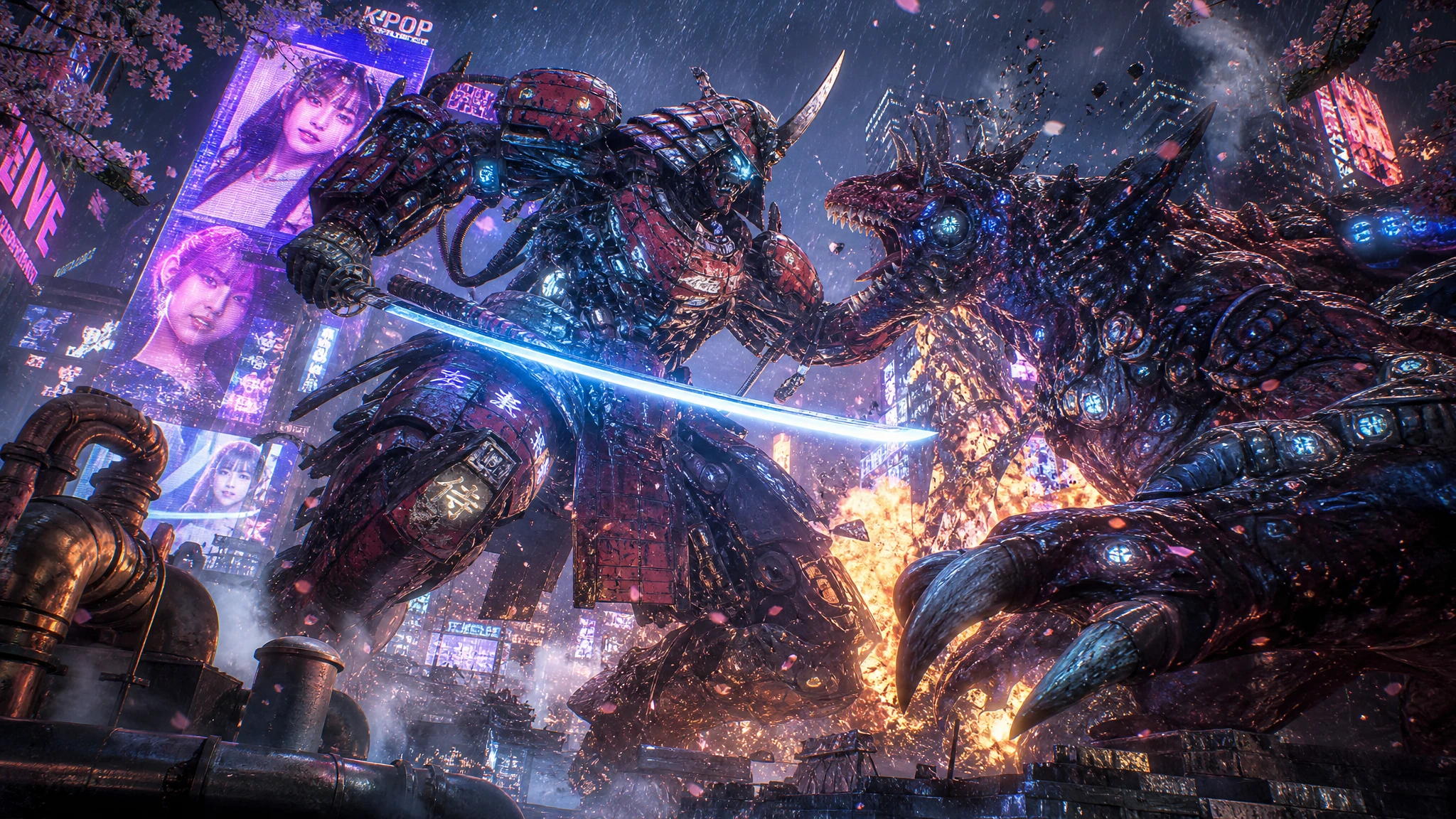 Samurai mecha battling kaiju in neon futuristic city