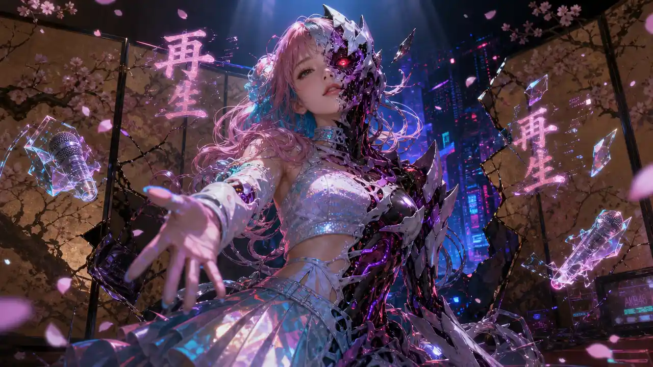 Cyberpunk idol transforming into biomechanical anime warrior onstage
