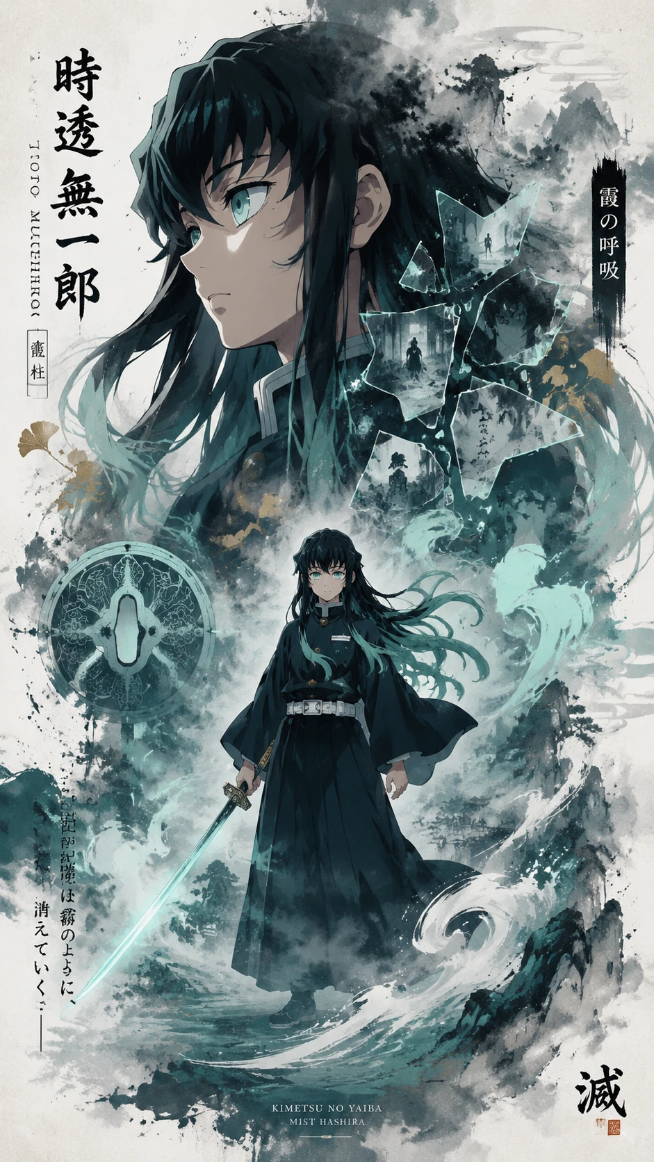Mist themed anime swordsman propaganda style poster design