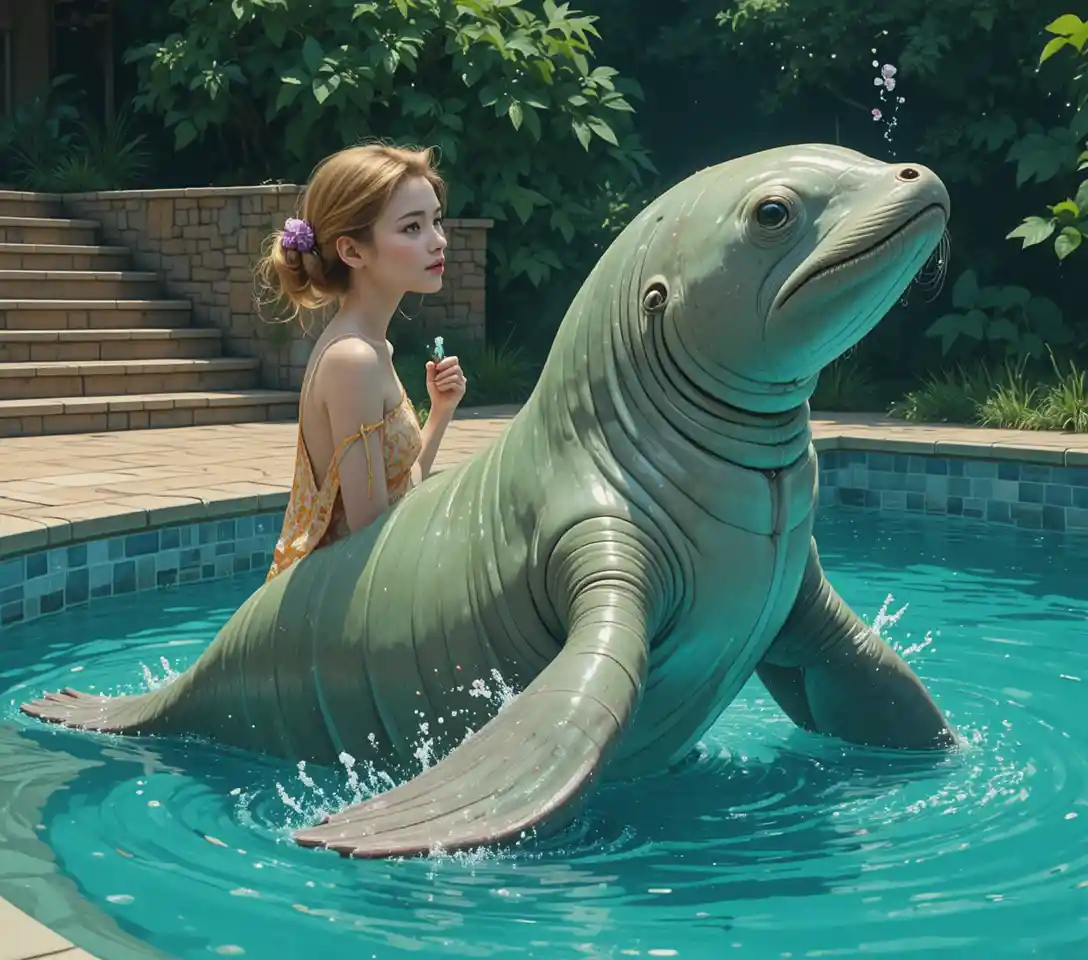 Young woman sitting thoughtfully by a sunny swimming pool