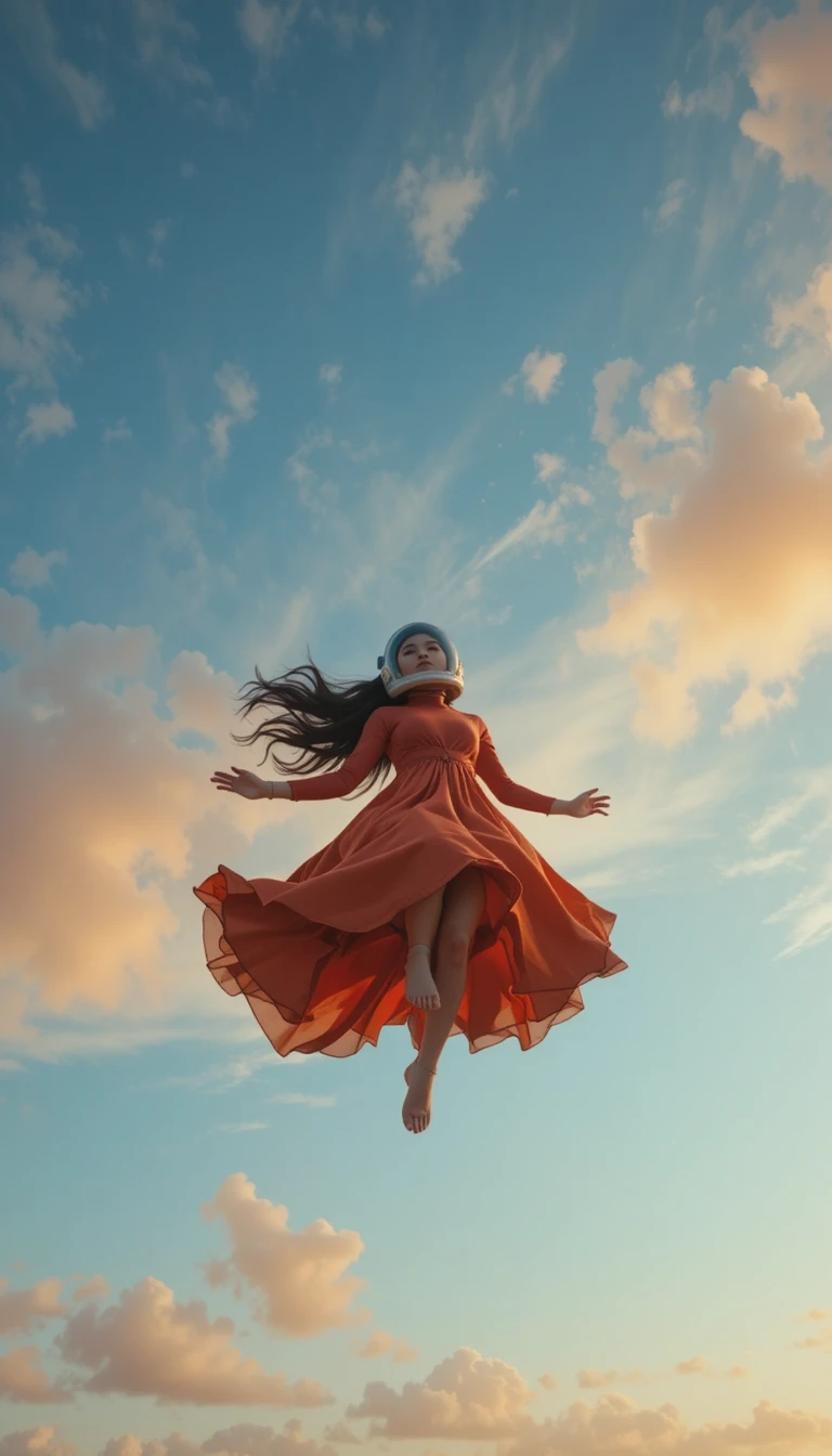 Young woman falling from a glowing sky in an astronaut helmet