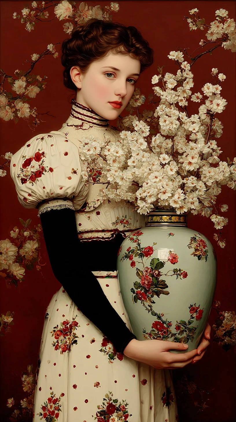 Pintura al óleo editorial de un jarrón con flores de cerezo
