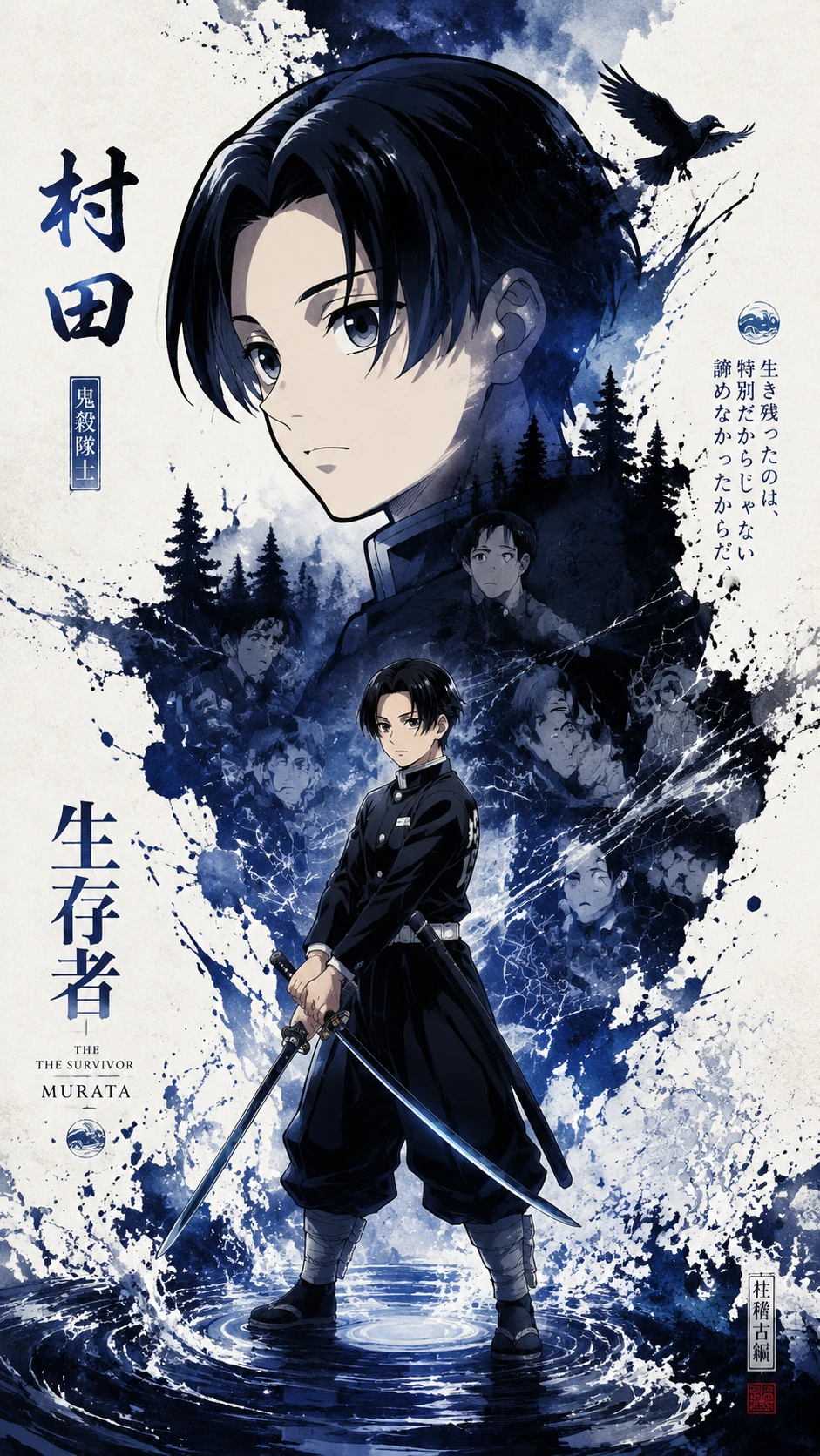 Propaganda style portrait of a determined anime demon slayer