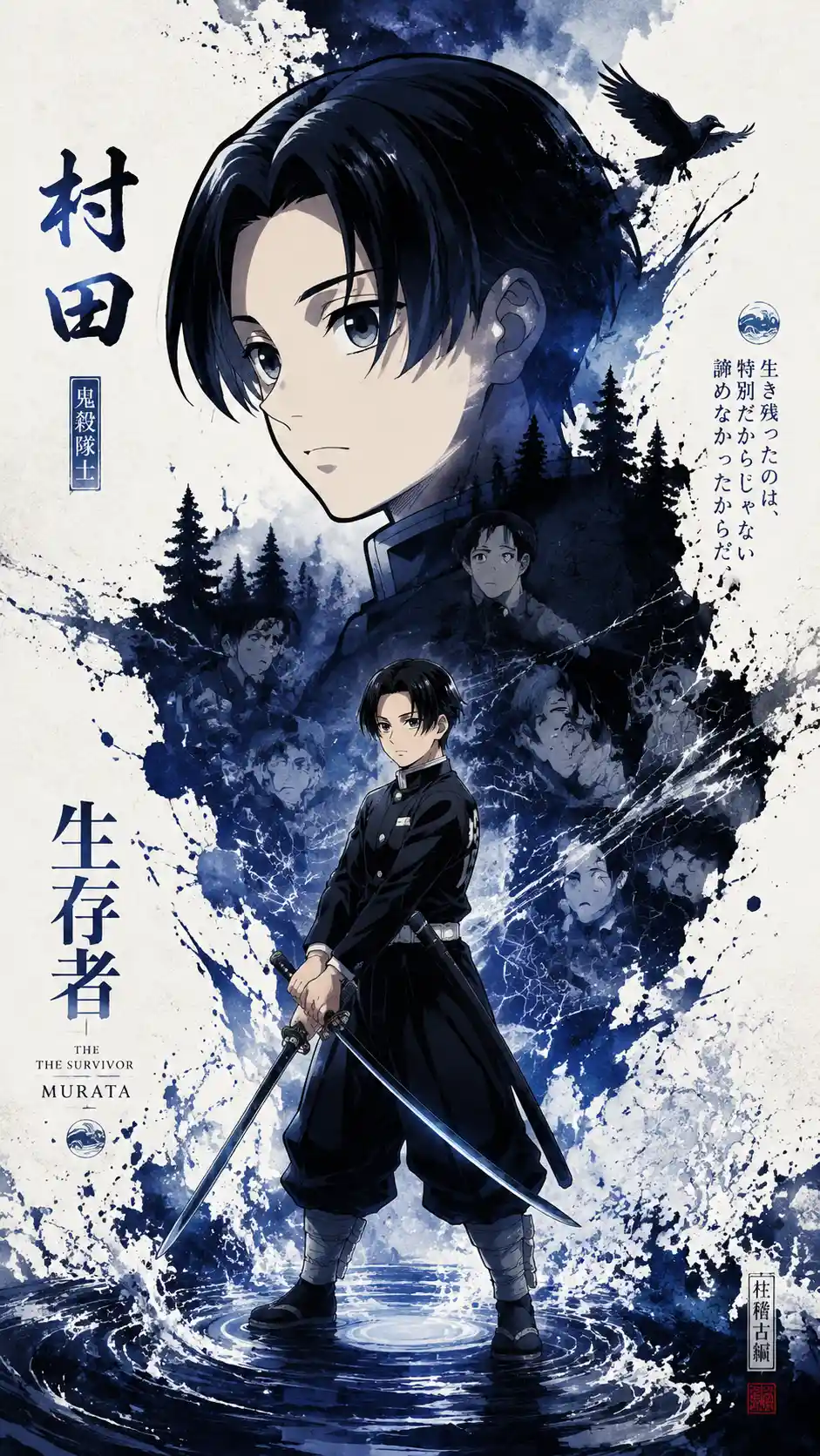 Propaganda style portrait of a determined anime demon slayer