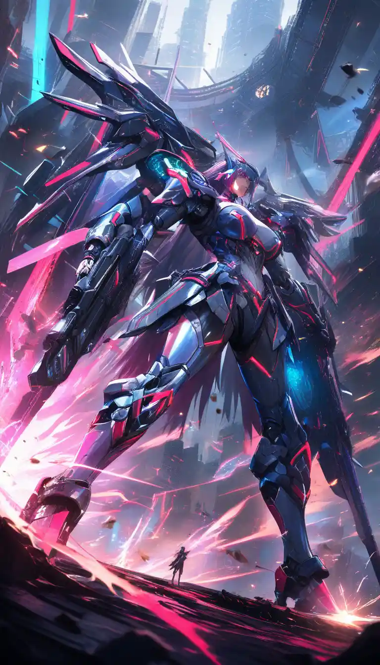 Colossal mecha goddess descending over neon futuristic megacity