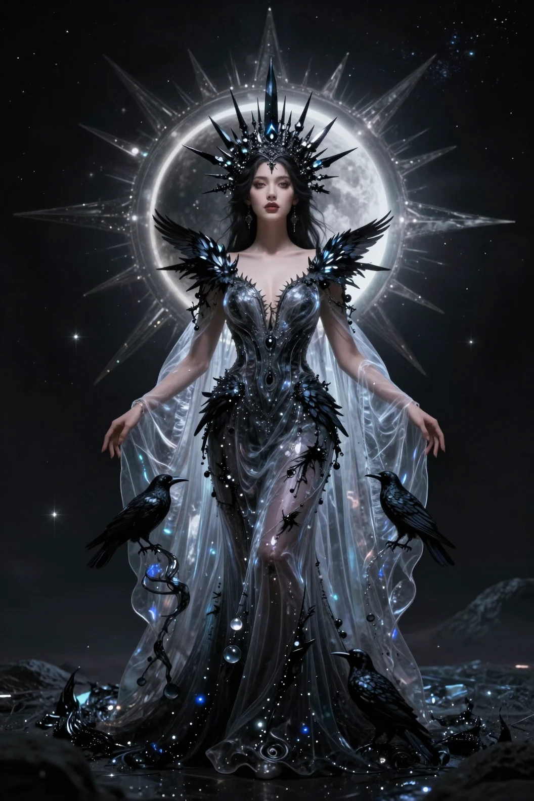 Cosmic empress before a black sun eclipse in flowing gown