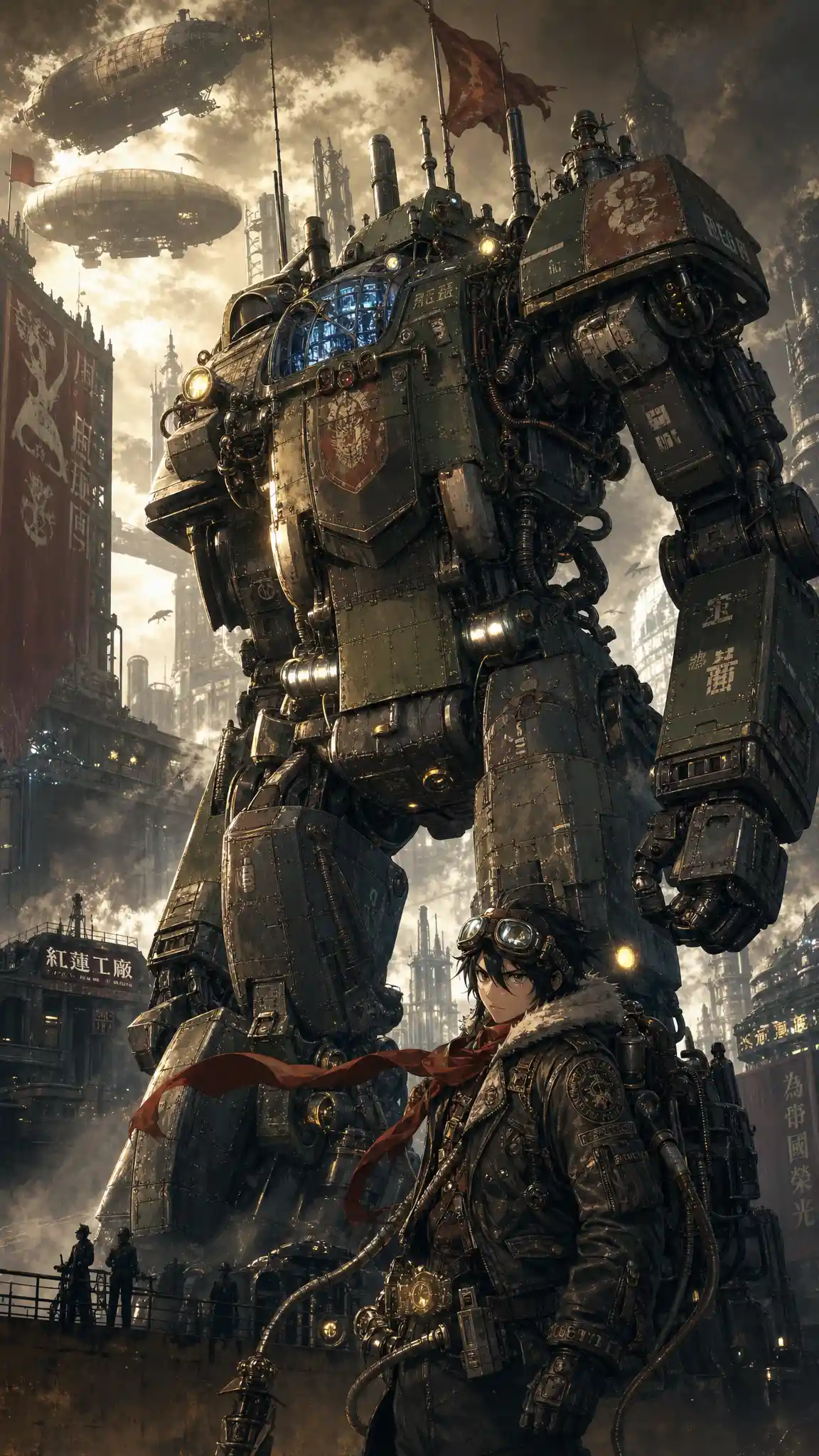 Dieselpunk mecha towering over a stormy industrial battlefield