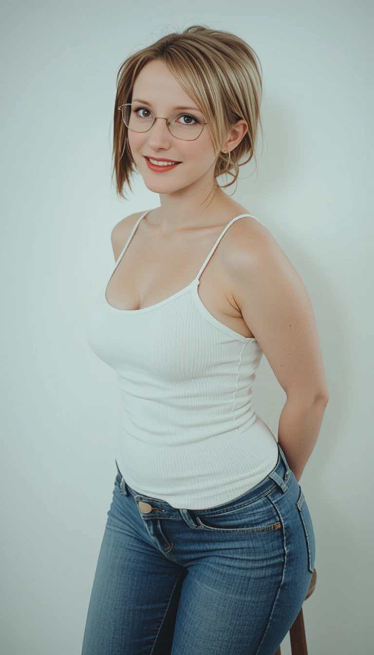 Nerdy punk woman in analog style posing on stool