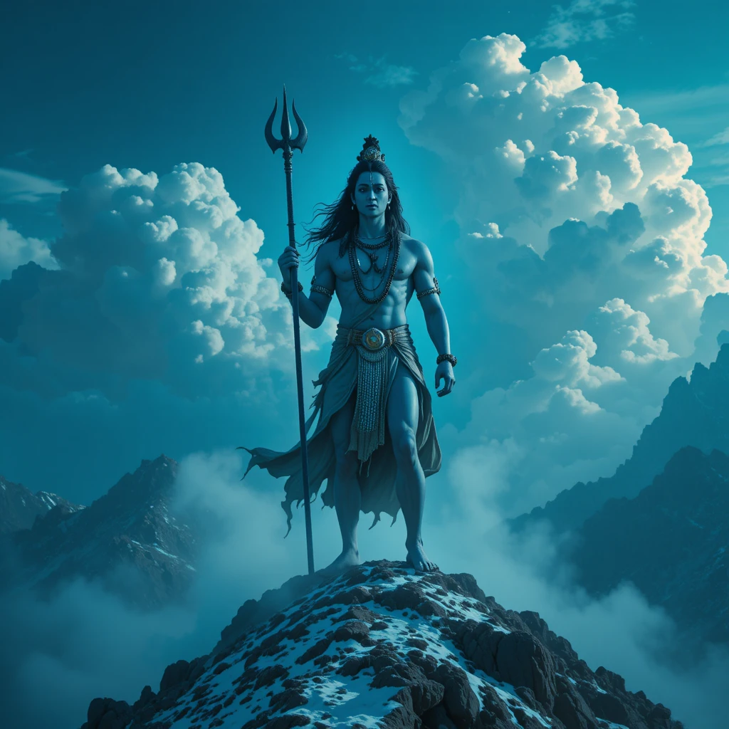 Divine figure standing on a snow covered Himalayan peak