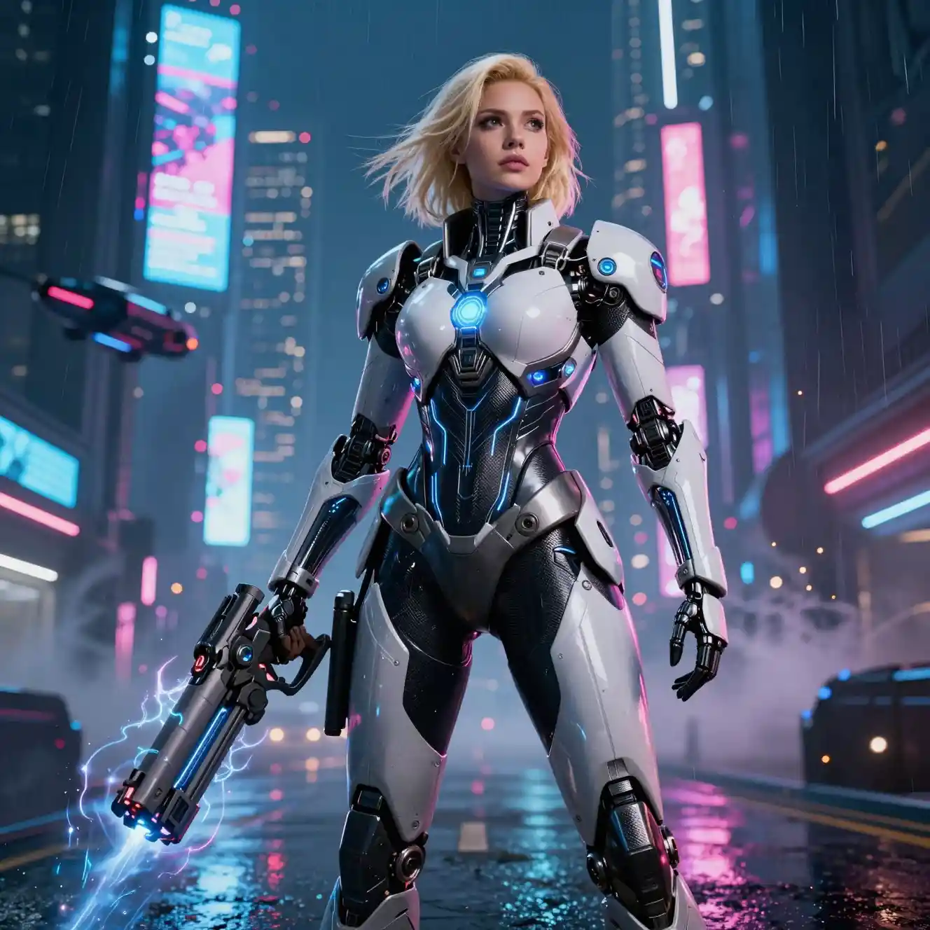 Cybernetic blonde warrior in neon futuristic city street