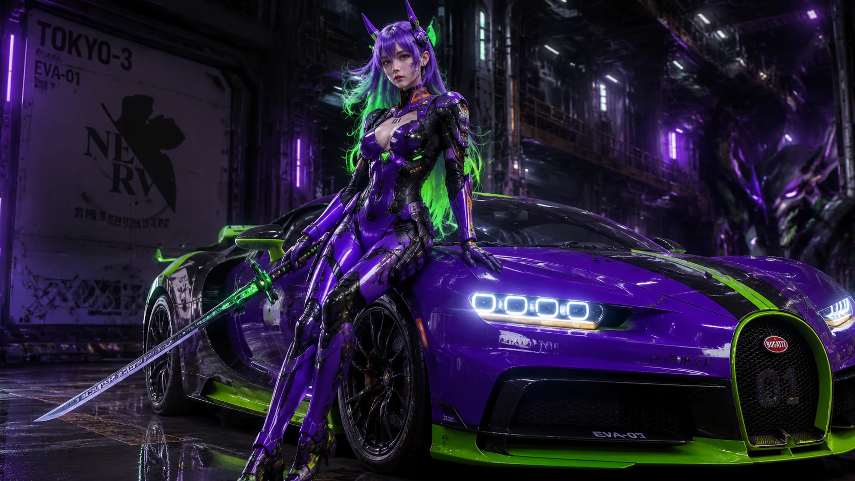Futuristic anime woman in mecha couture beside hypercar