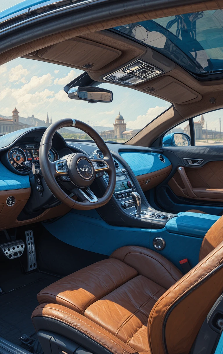 Luxurious blue and brown leather Bugatti sports car interior