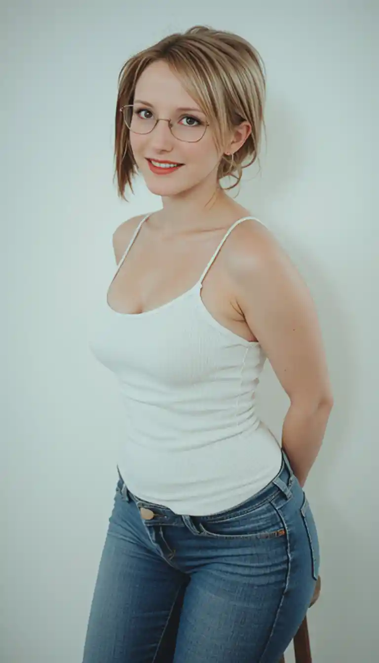 Nerdy punk woman in analog style posing on stool