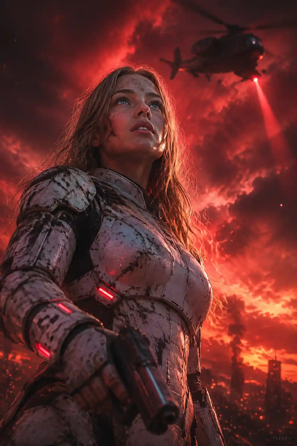 Armored woman with handgun under burning red sci fi sky