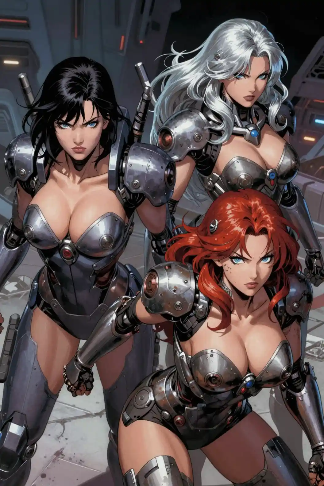 Three armored mecha women fighting in a dark future war