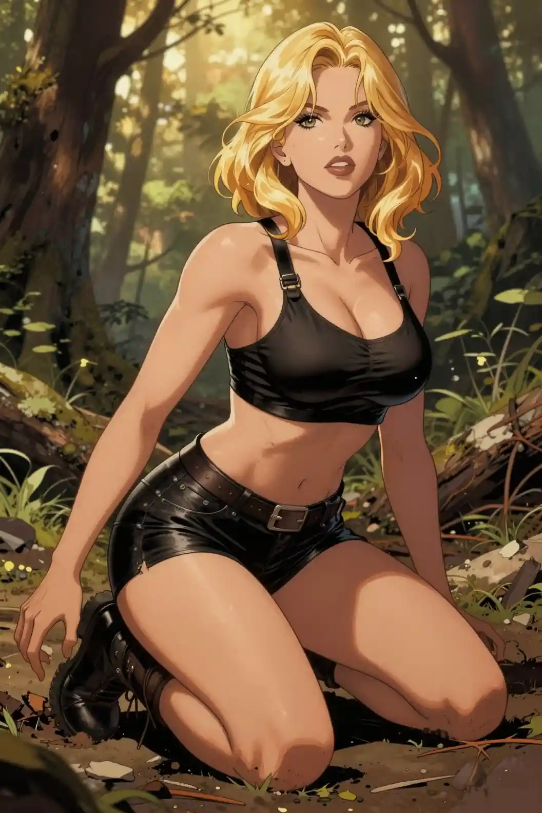 Blonde warrior woman crawling through a warm lit forest