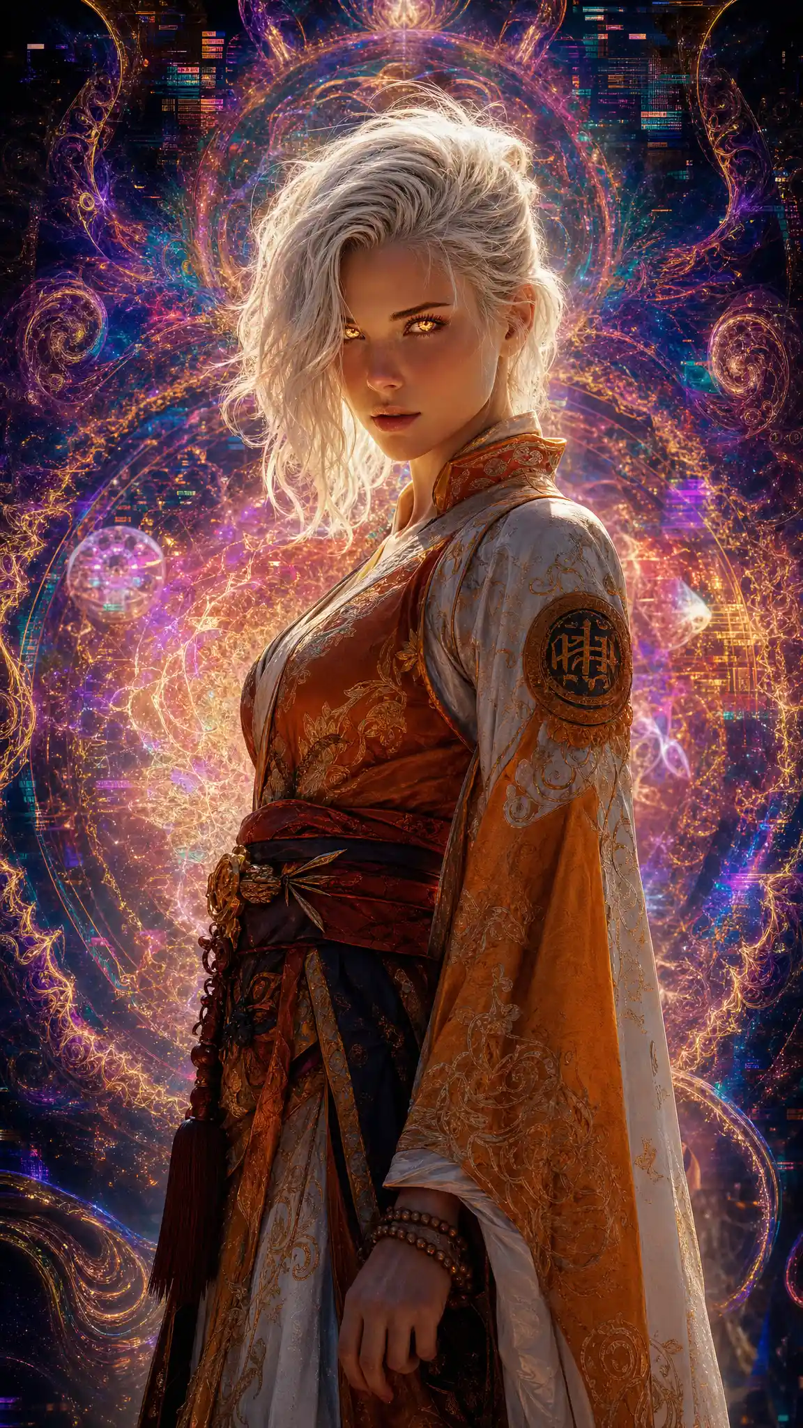 Fantasy monk woman amid swirling fractal energy