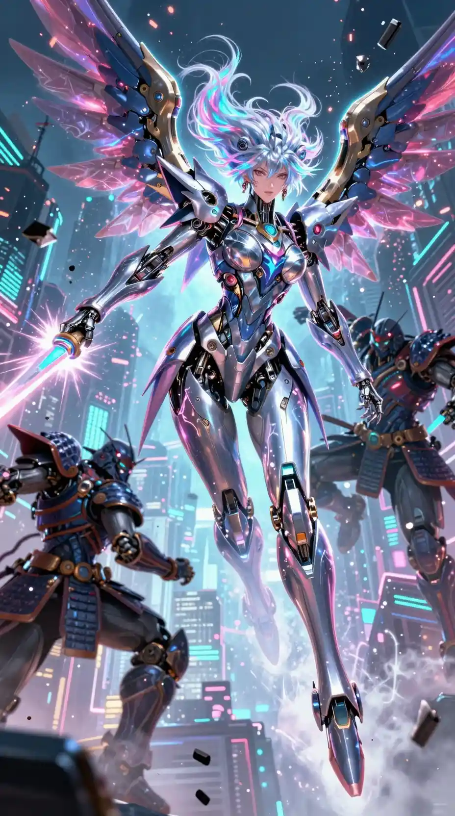 Colossal mecha goddess descending over neon futuristic megacity