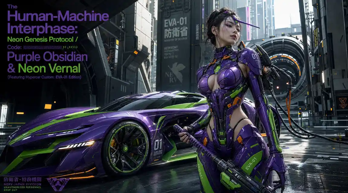 Futuristic EVA inspired woman beside neon supercar