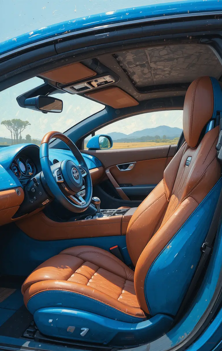 Luxury car cockpit with blue and brown leather details