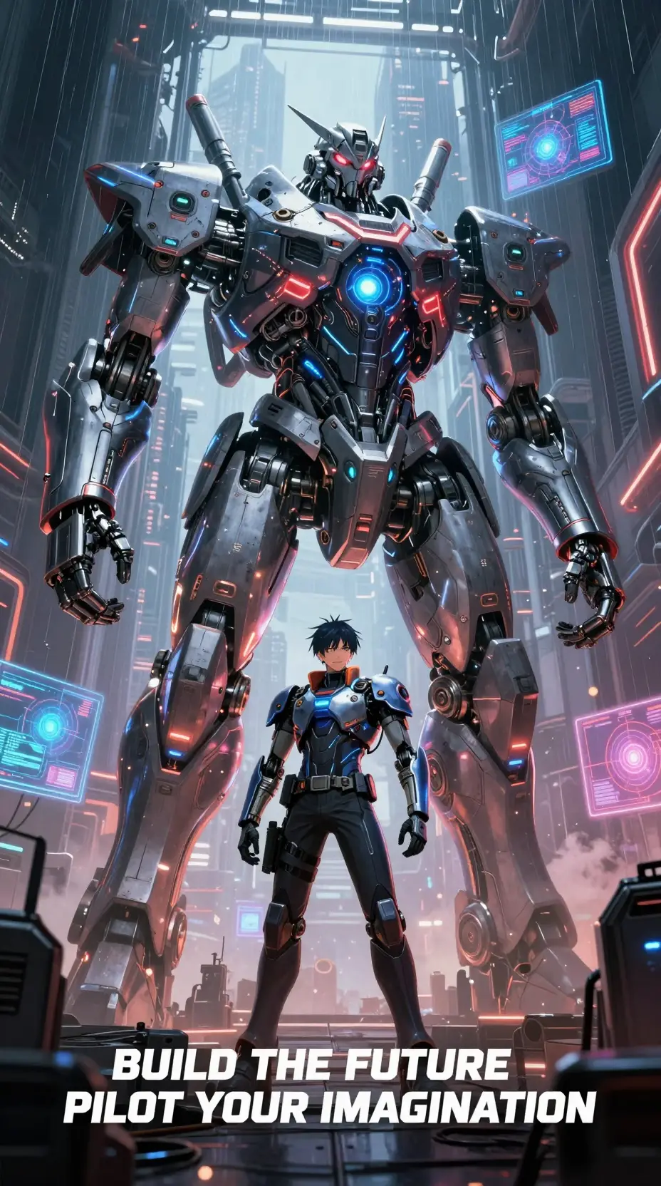 Legendärer Mech-Pilot vor einer gewaltigen Kampfmaschine