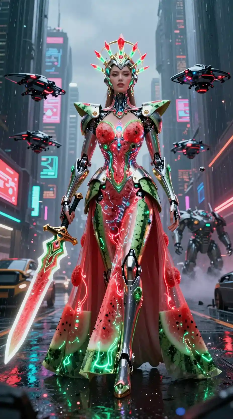 Futuristic Biomechanical Queen In Neon Cyberpunk City