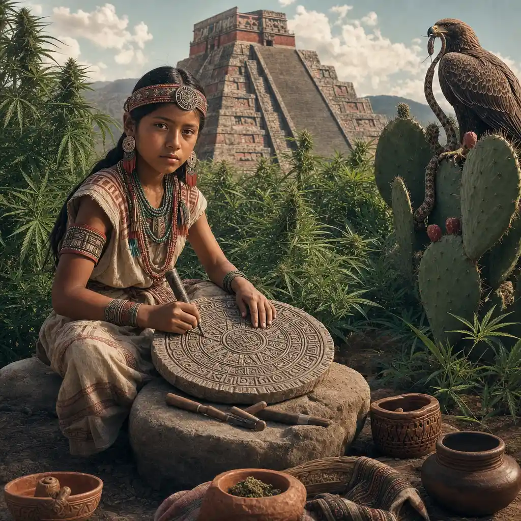 Aztec girl carving a stone calendar in a marijuana field